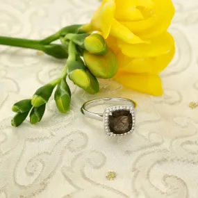 9ct White Gold Smoky Quartz & Diamond Halo Ring