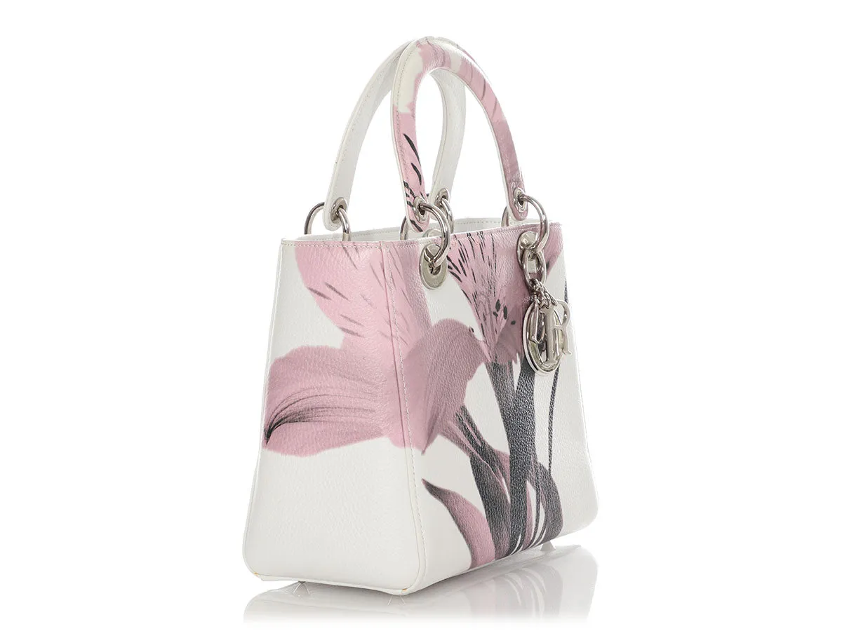 Dior Medium White and Pink Deerskin Floral Lady Dior