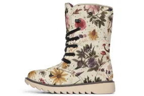 Enchanted Blossoms Fold Over Winter Boots - Microsuede Vegan Boots with Fur Lining and Convertible Style